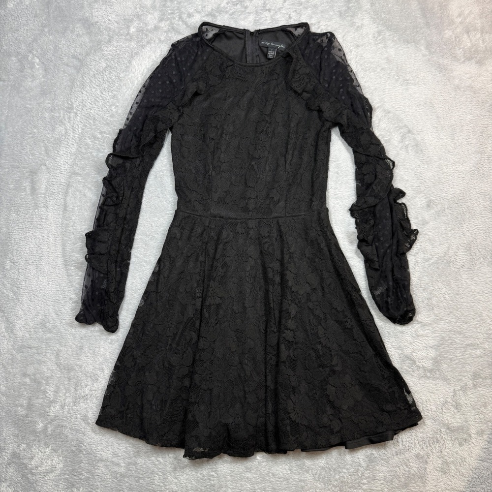 City Triangles Lace Ruffle Mini Dress Womens 1 Black Sheer Polka Dot Sleeve Y2K